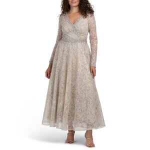 MAC DUGGAL Taupe Long Sleeve Embellished Cocktail Dress